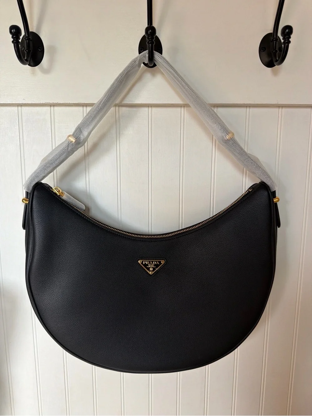 Prada Black Crescent Hobo Bag with Gold Hardware